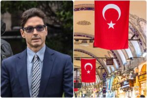 Collage Pier Silvio Berlusconi e via di Istanbul con bandiera Turchia