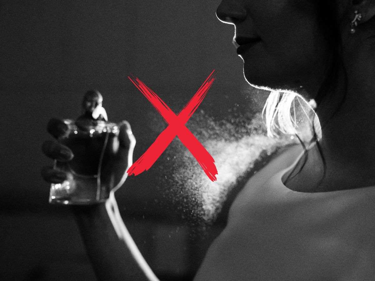 sfondo donna che mette profumo e X rossa