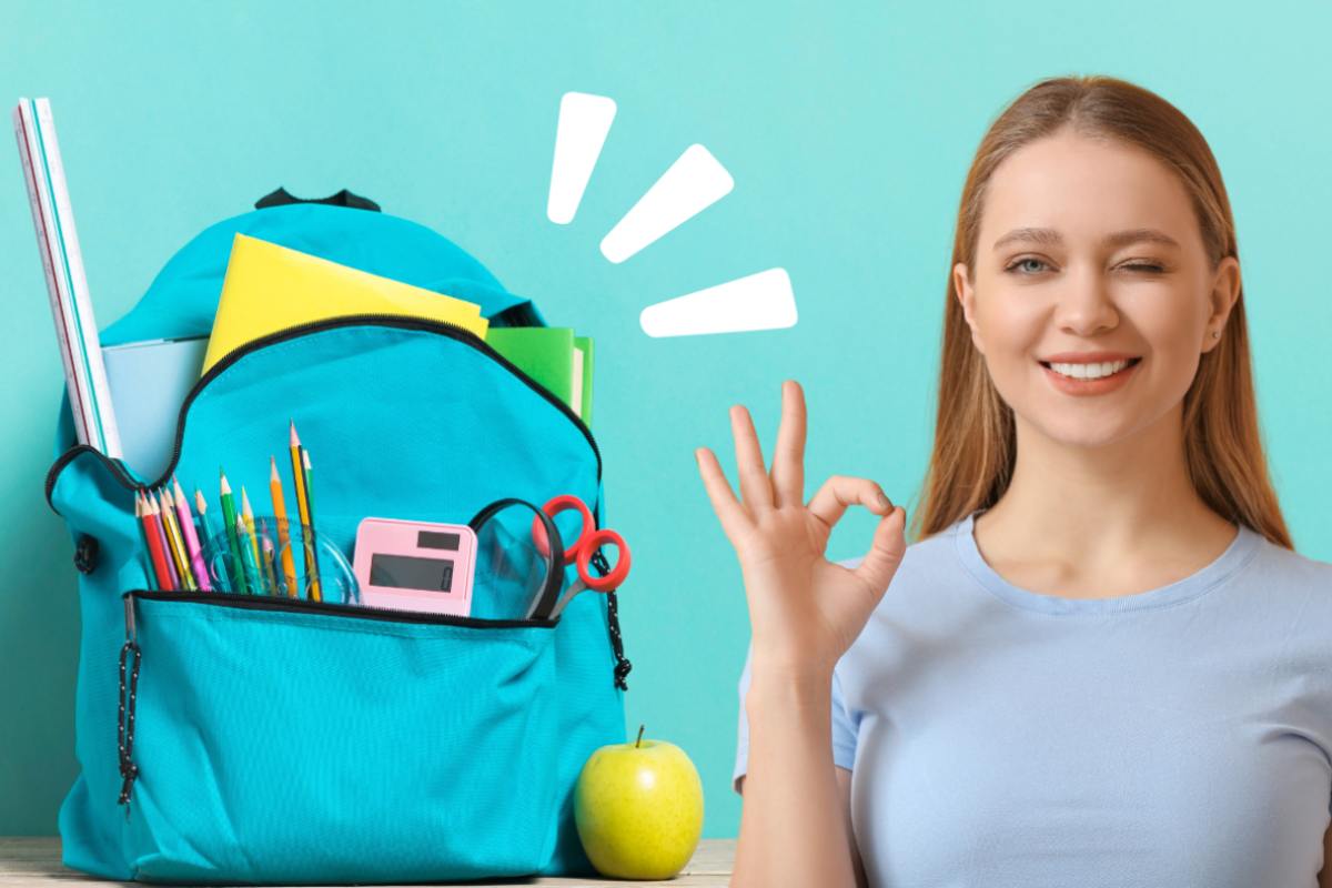 Ragazza che fa segno "Ok" e zaino per la scuola