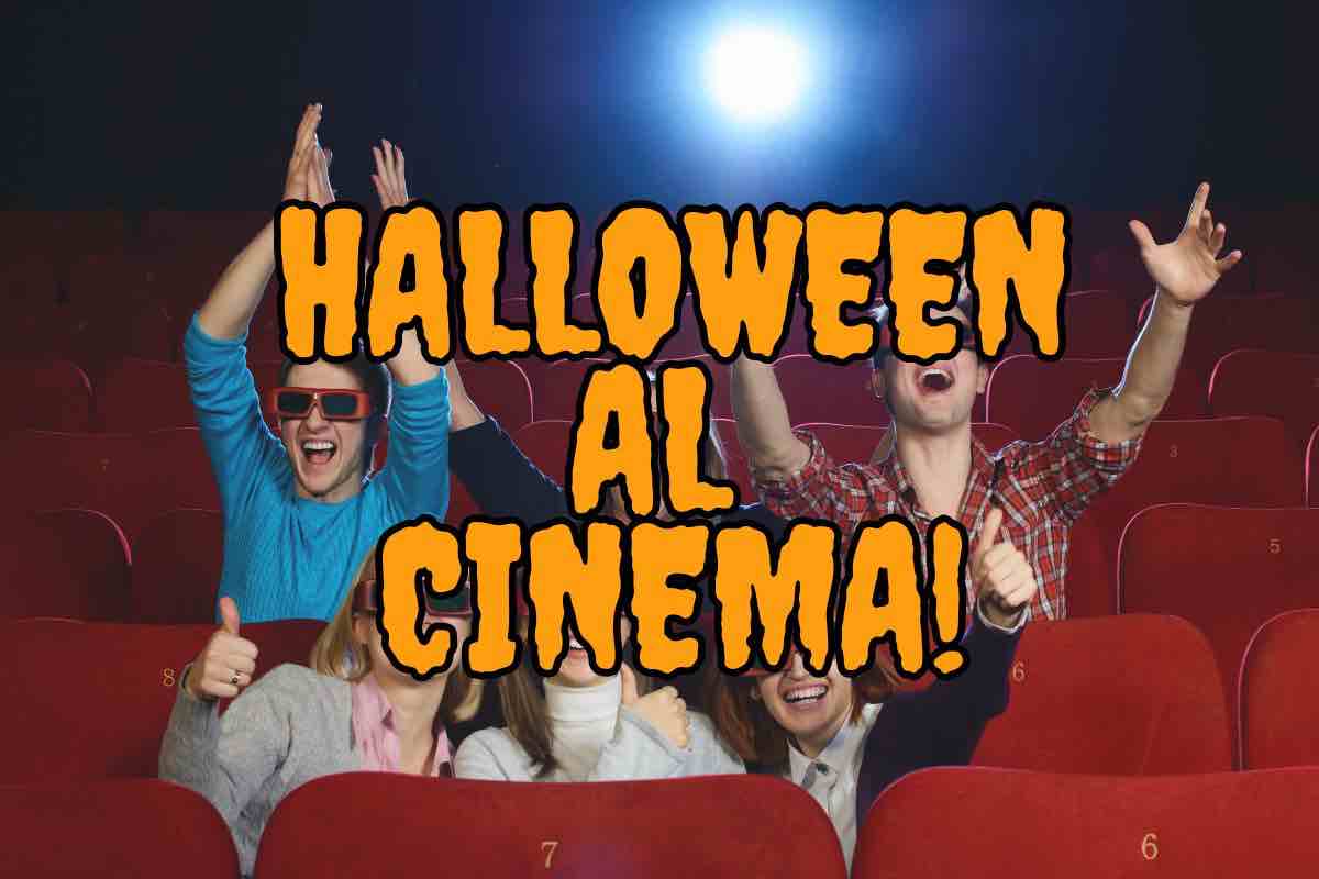 Persone al cinema e scritta "Halloween al cinema"