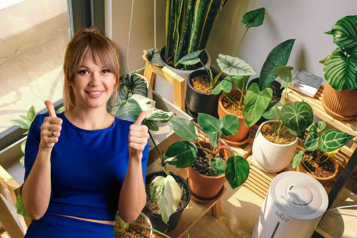 Piante a terra, donna avanti pollici in su